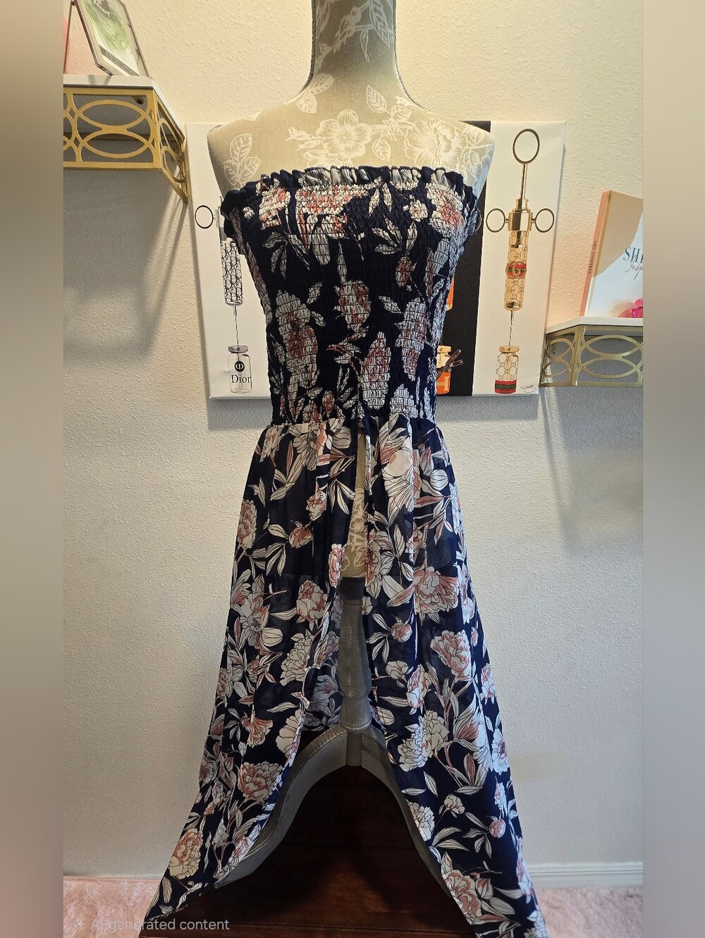 S Strapless Floral Smocked Maxi Top - Navy Floral